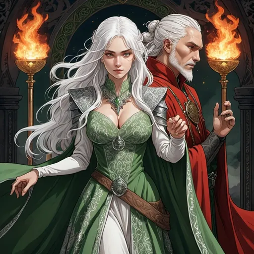 Prompt: tarot card Anime illustration, a silver-haired woman, detailed ornate cloth robe, dramatic lighting, tarot card Anime illustration, very mystic, detailed, onaments, white hair Aemond Targaryen and Visenya Targaryen, tarot style, wedding, dramatic lighting, man in green, woman in red and white ornate cloth gloth medieval, game of thrones style, love and hate, a lot of detail, fire, dragon, fantasy