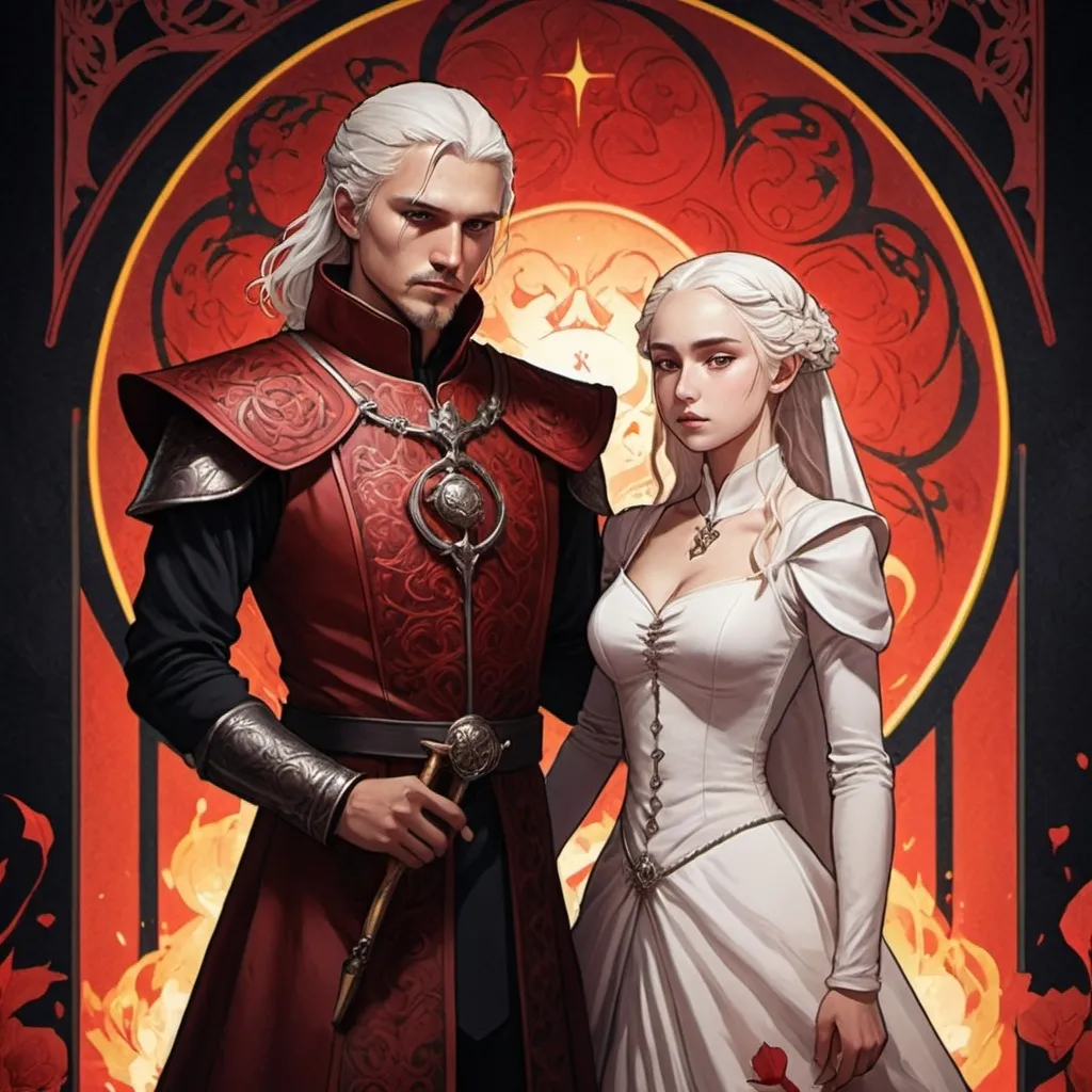 Prompt: tarot card Anime illustration, Aemond Targaryen and Visenya Targaryen, tarot style, wedding, dramatic lighting 