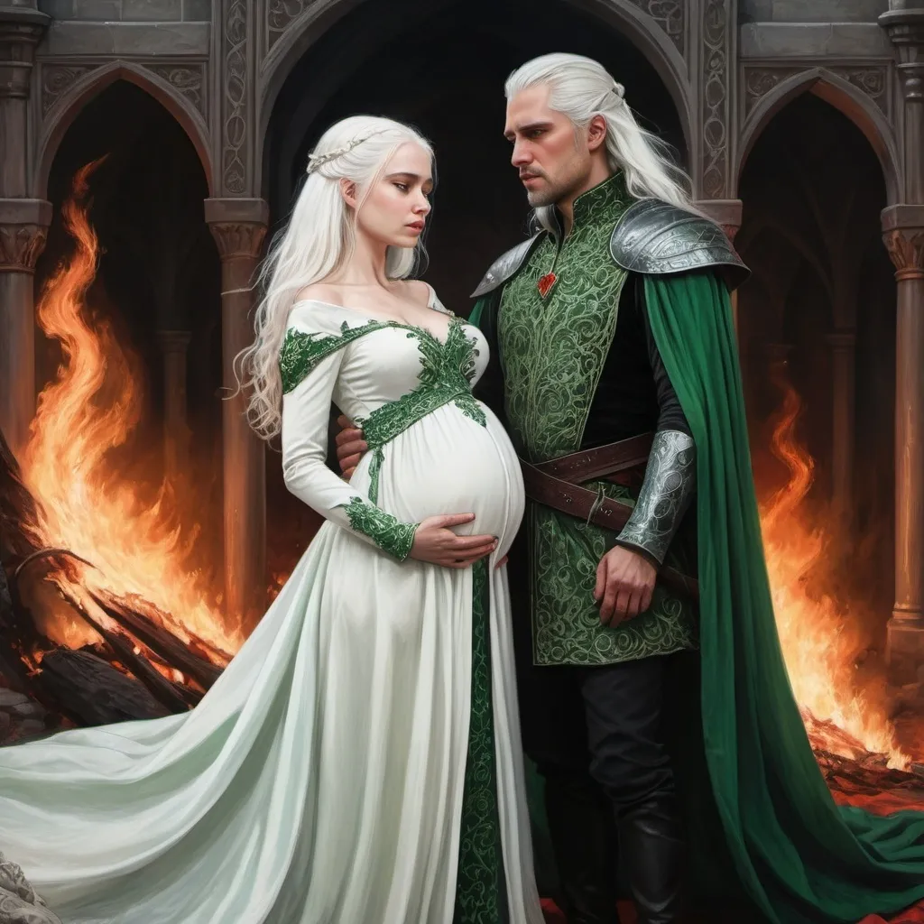 Prompt: realistic fantasy painting two Targaryens, a pregnant princess woman with white hair, man with a semi-long white hair, wearing green and black detailed ornate medievel gowns, forbidden love, dramatic scenery, powerful lighting, fire and blood