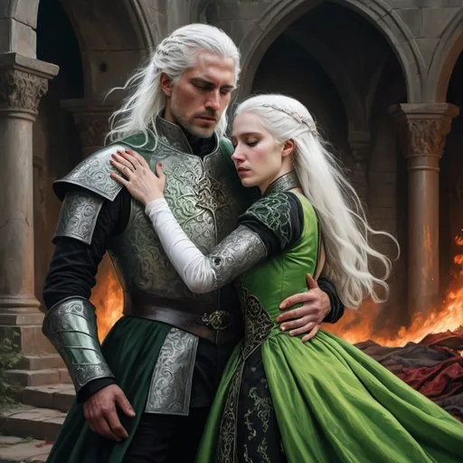 Prompt: realistic fantasy painting two Targaryens, injured woman with white hair, man with a semi-long white hair, wearing green and black detailed ornate medievel gowns, she is injured bleeding in his arms, forbidden love, dramatic scenery, powerful lighting