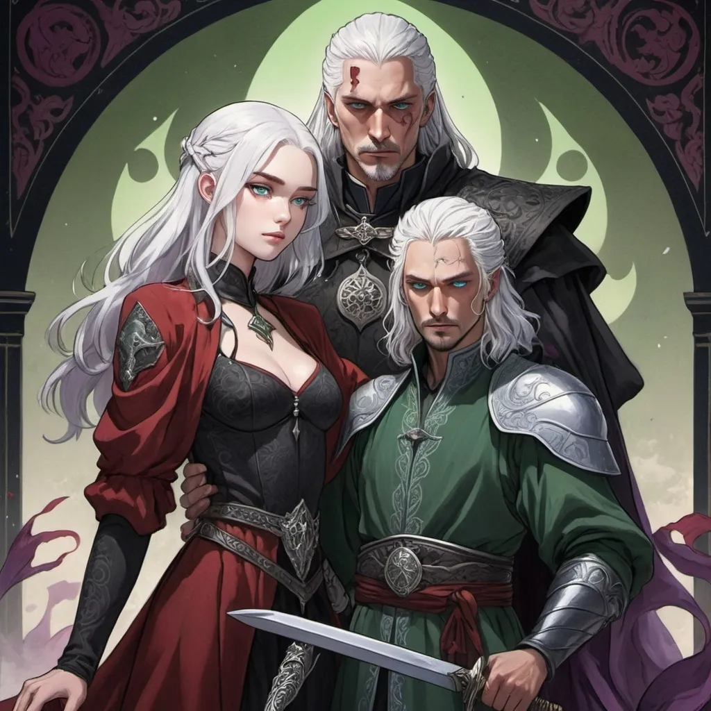 Prompt: tarot card Anime illustration, detailed ornate cloth robe, black and green clothing, dramatic lighting, white-haired man, Aemond Targaryen, blue eyes, one hidden eye patch big scar, sword in hand, together with young woman, beuatiful, purple eyes, white hair, black and red targaryen clothing