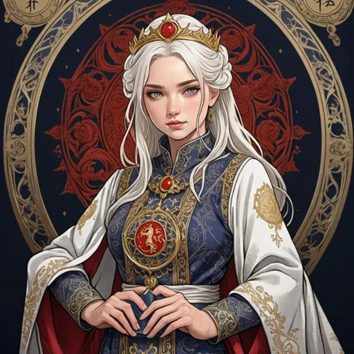 Prompt: tarot card Anime illustration, realistic, detailed ornate cloth robe, Targaryen royal wedding