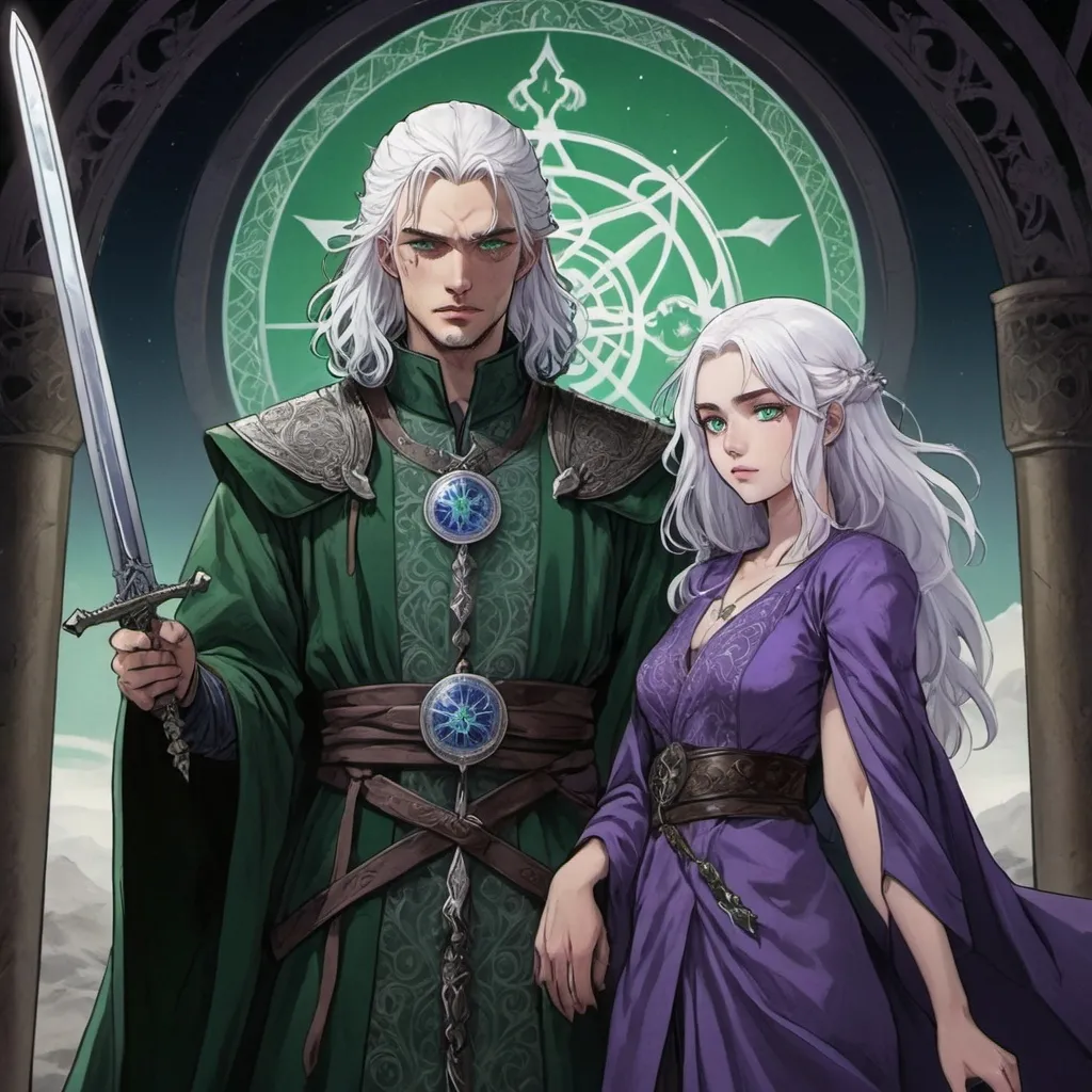 Prompt: tarot card Anime illustration, detailed ornate cloth robe, black and green clothing, dramatic lighting, white-haired young man, Aemond Targaryen, blue eyes, eye patch big scar, sword in hand, together with young woman, beuatiful, purple eyes, white hair