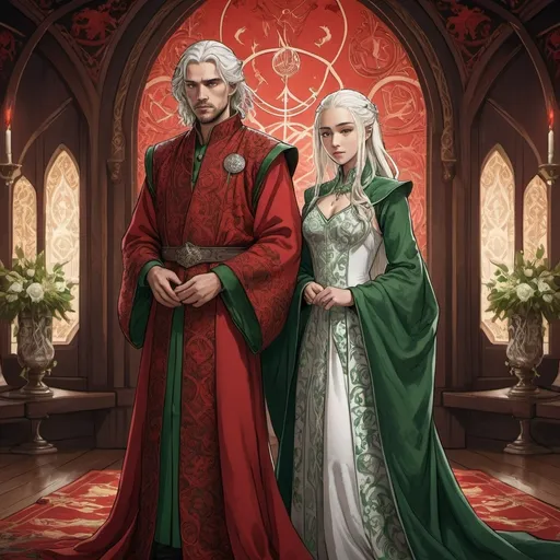 Prompt: tarot card Anime illustration, realistic, detailed ornate cloth robe, Targaryen royal wedding, game of thrones theme, detailed, Visenya and Aemond, red-green-white clothing, dramatic lighting