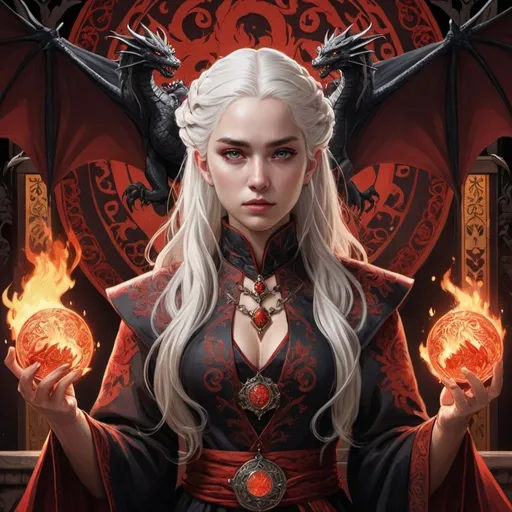 Prompt: tarot card Anime illustration, realistic, queen Visenya Targaryen, warrior, white ong hair, fierce, beautiful, detailed ornate cloth robe red-and-black, dramatic lighting, dragon ornaments, Targaryens, Game of Thrones theme, fire, blood, dramatic
