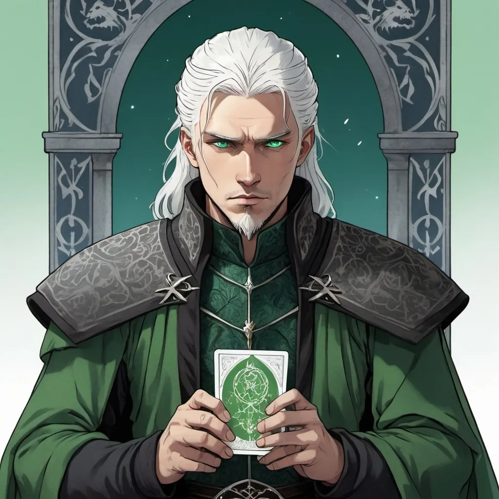 Prompt: tarot card Anime illustration, white haired man, green and black clothes, ancitent times, fantasy world, game of thrones, aemond targaryen, blue eyes, one blind, big scar on face, 