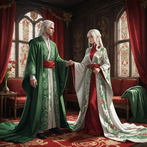 Prompt: tarot card Anime illustration, realistic, detailed ornate cloth robe, Targaryen royal wedding, Visenya and Aemond, red-green-white clothing, dramatic lighting