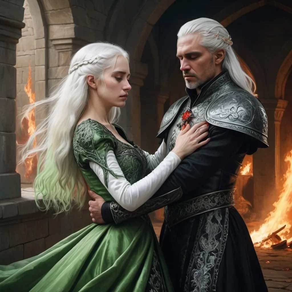 Prompt: realistic fantasy painting two Targaryens, woman with white hair, man with a semi-long white hair, wearing green and black detailed ornate medievel gowns, she is injured bleeding in his arms, forbidden love, dramatic scenery, powerful lighting