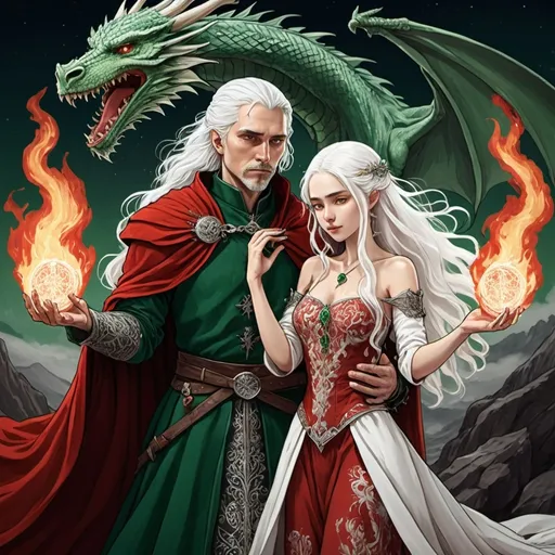 Prompt: tarot card Anime illustration, very mystic, detailed, onaments, white hair Aemond Targaryen and Visenya Targaryen, tarot style, wedding, dramatic lighting, man in green, woman in red and white ornate cloth gloth medieval, game of thrones style, love and hate, a lot of detail, fire, dragon, fantasy