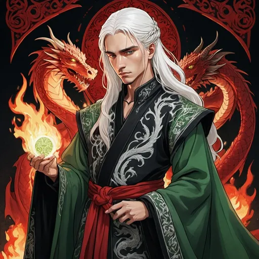 Prompt: tarot card Anime illustration, a white-haired woman, detailed ornate cloth robe red and black, dramatic lighting, dragon embroidery, with an arrogant looking young man, Aemond Targaryen, black and GREEN medieval clothing, Game of Thrones theme fire, love and hate