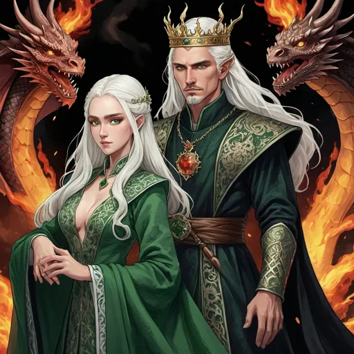 Prompt: tarot card Anime illustration, realistic, crowned King Aemond Targaryen and Queen Visenya Targaryen, wedding, white long hair, fierce, dangerous, detailed ornate cloth robe green-and-black, dramatic lighting, dragon ornaments, tall, handsome, dangerous, one eye, scarred face, wearing green cloth, Targaryens, Game of Thrones theme, fire, blood, dramatic, dragon