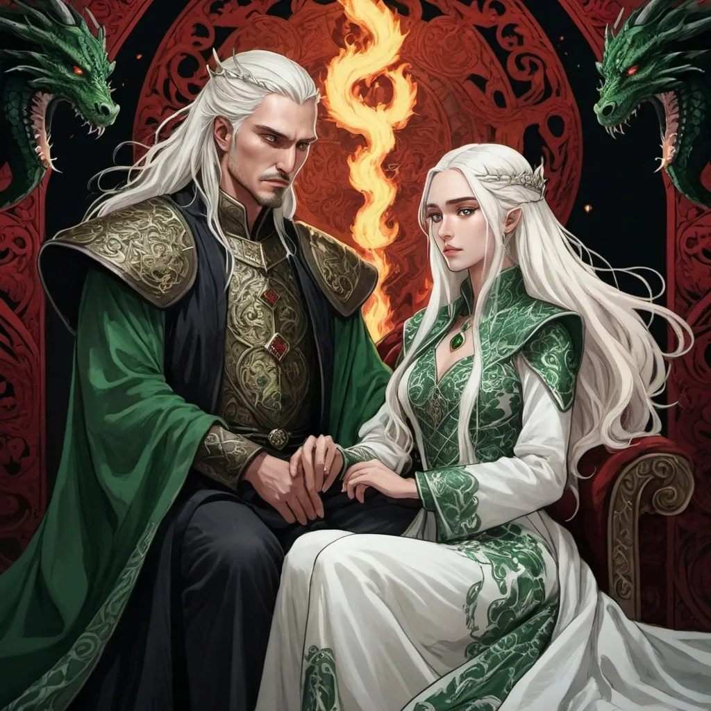 Prompt: tarot card Anime illustration, realistic, crowned King Aemond Targaryen and Queen Visenya Targaryen, wedding, white long hair, fierce, dangerous, detailed ornate cloth robe green-and-black, dramatic lighting, dragon ornaments, tall, handsome, dangerous, one eye, scarred face, wearing green cloth, Targaryens, Game of Thrones theme, fire, blood, dramatic, dragon