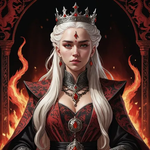 Prompt: tarot card Anime illustration, realistic, crowned queen Visenya Targaryen, warrior, white ong hair, fierce, beautiful, detailed ornate cloth robe red-and-black, dramatic lighting, dragon ornaments, Targaryens, Game of Thrones theme, fire, blood, dramatic
