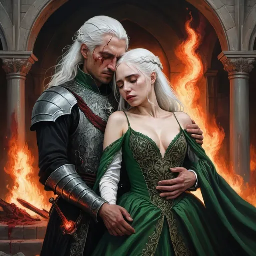 Prompt: realistic fantasy painting two Targaryens, bleeding woman with white hair, man with a semi-long white hair, wearing green and black detailed ornate medievel gowns, she is injured bleeding in his arms, forbidden love, dramatic scenery, powerful lighting, fire and blood