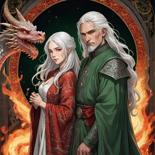 Prompt: tarot card Anime illustration, a silver-haired woman, detailed ornate cloth robe, dramatic lighting, tarot card Anime illustration, very mystic, detailed, onaments, white hair Aemond Targaryen and Visenya Targaryen, tarot style, wedding, dramatic lighting, man in green, woman in red and white ornate cloth gloth medieval, game of thrones style, love and hate, a lot of detail, fire, dragon, fantasy