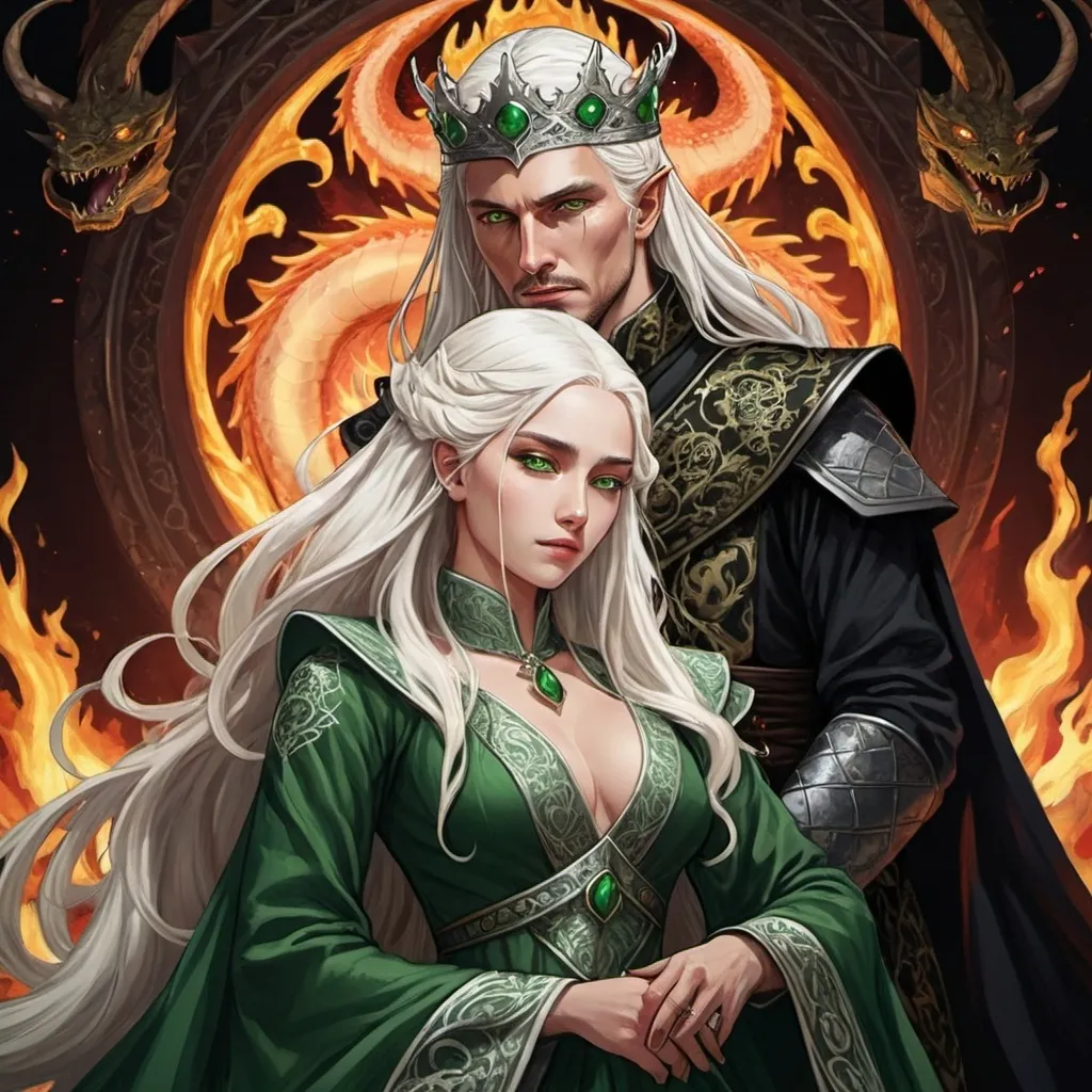 Prompt: tarot card Anime illustration, realistic, crowned King Aemond Targaryen and Queen Visenya Targaryen, wedding, white long hair, fierce, dangerous, detailed ornate cloth robe green-and-black, dramatic lighting, dragon ornaments, tall, handsome, dangerous, one eye, scarred face, wearing green cloth, Targaryens, Game of Thrones theme, fire, blood, dramatic, dragon