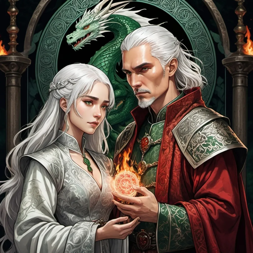 Prompt: tarot card Anime illustration, a silver-haired woman, detailed ornate cloth robe, dramatic lighting, tarot card Anime illustration, very mystic, detailed, onaments, white hair Aemond Targaryen and Visenya Targaryen, tarot style, wedding, dramatic lighting, man in green, woman in red and white ornate cloth gloth medieval, game of thrones style, love and hate, a lot of detail, fire, dragon, fantasy