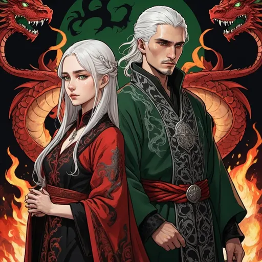 Prompt: tarot card Anime illustration, two people, a white-haired woman, detailed ornate cloth robe red and black, dramatic lighting, dragon embroidery, with an arrogant looking young man, Aemond Targaryen, black and GREEN medieval clothing, Game of Thrones theme fire, love and hate