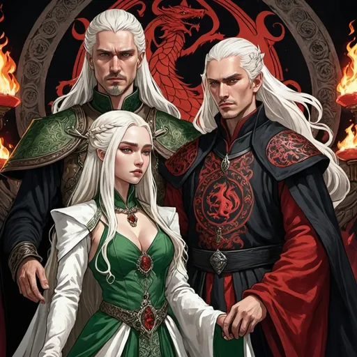 Prompt: tarot card Anime illustration, realistic, crowned queen Visenya Targaryen  and King Aemond Targaryen, warrior, white long hair, fierce, beautiful, detailed ornate cloth robe red-and-black, dramatic lighting, dragon ornaments, tall, handsome, dangerous, scarred face, wearing green cloth, Targaryens, Game of Thrones theme, fire, blood, dramatic