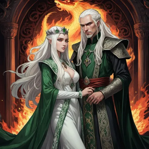 Prompt: tarot card Anime illustration, realistic, crowned King Aemond Targaryen and Queen Visenya Targaryen, wedding, white long hair, fierce, dangerous, detailed ornate cloth robe green-and-black, dramatic lighting, dragon ornaments, tall, handsome, dangerous, one eye, scarred face, wearing green cloth, Targaryens, Game of Thrones theme, fire, blood, dramatic, dragon