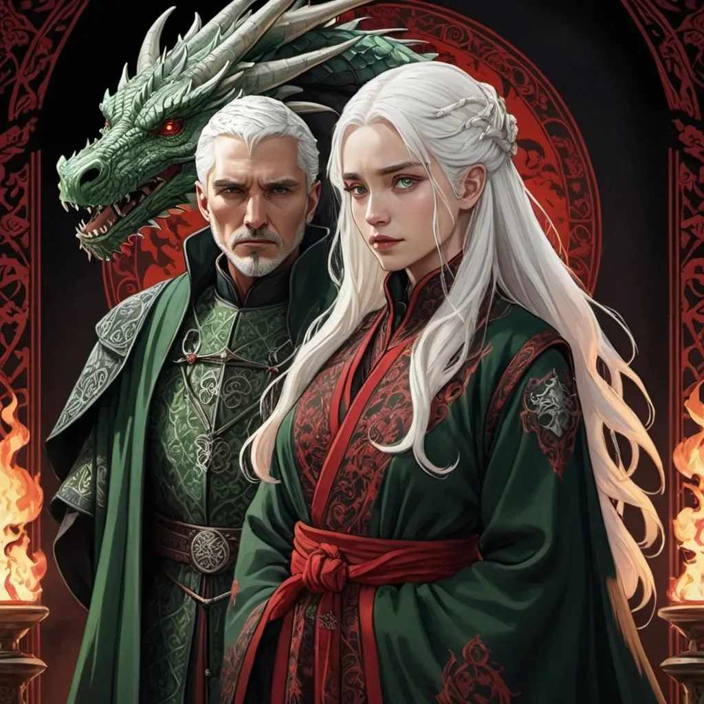 Prompt: tarot card Anime illustration, a white-haired woman, detailed ornate cloth robe red and black, dramatic lighting, dragon embrodery, with an arrogant looking man, Aemond Targaryen, black and GREEN medieval clothing, Game of Thrones themem fire, wedding