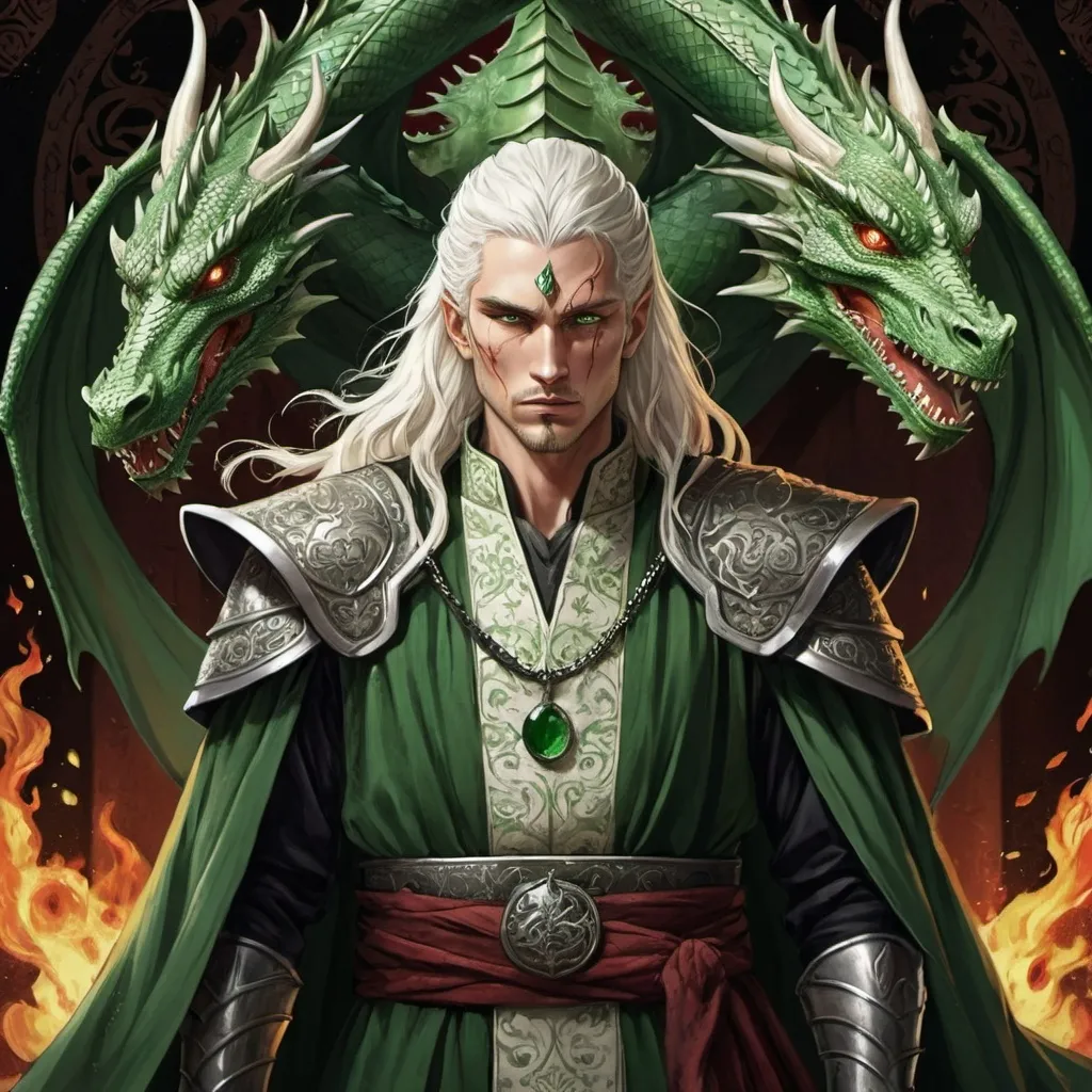 Prompt: tarot card Anime illustration, realistic, crowned King Aemond Targaryen, warrior, white semi-long hair, fierce, dangerous, detailed ornate cloth robe green-and-black, dramatic lighting, dragon ornaments, tall, handsome, dangerous, one eye, scarred face, wearing green cloth, Targaryens, Game of Thrones theme, fire, blood, dramatic, dragon