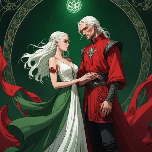 Prompt: tarot card Anime illustration, Aemond Targaryen and Visenya Targaryen, tarot style, wedding, dramatic lighting, man in green, woman in red and white ornamed cloth gown, love and hate