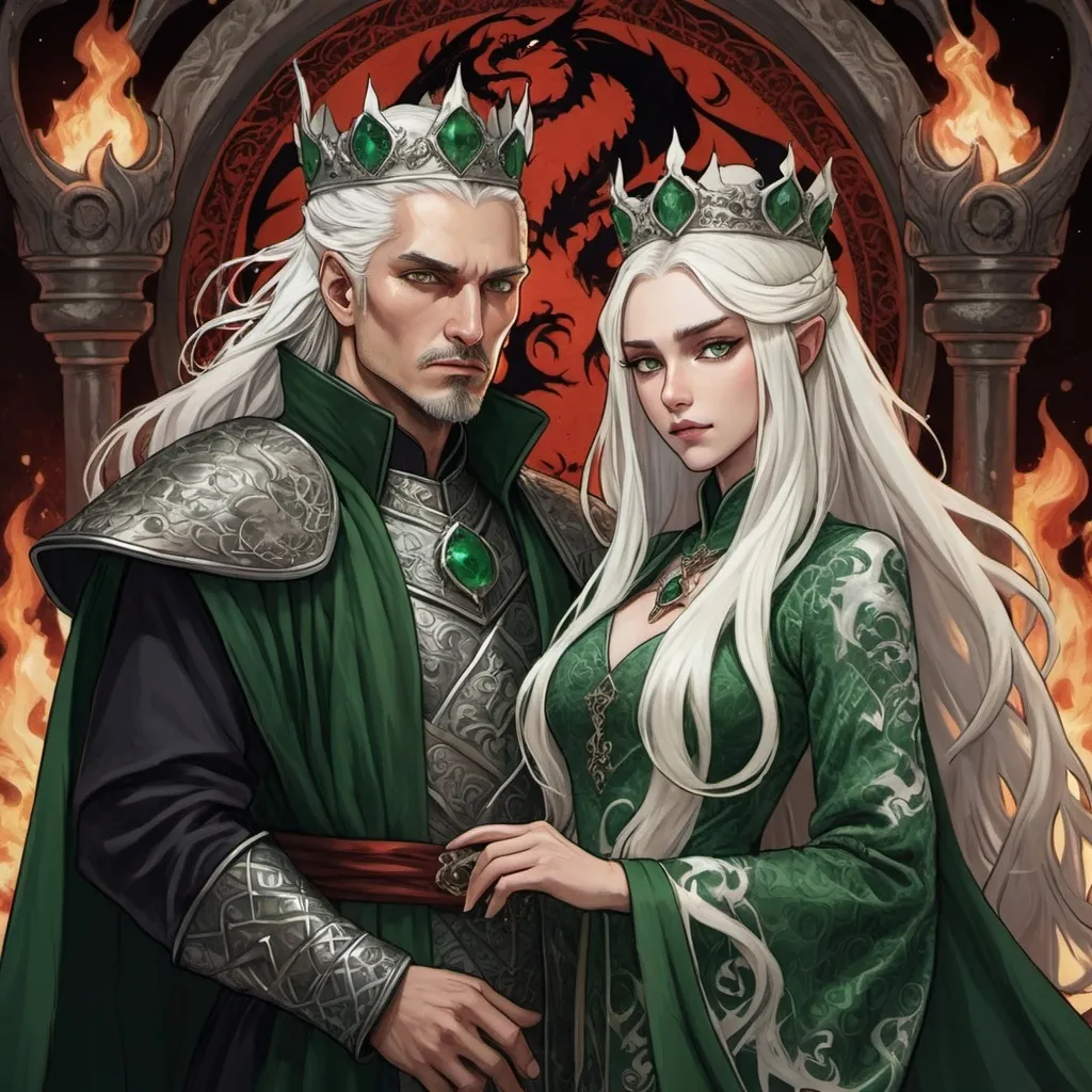 Prompt: tarot card Anime illustration, realistic, crowned King Aemond Targaryen and Queen Visenya Targaryen, wedding, white long hair, fierce, dangerous, detailed ornate cloth robe green-and-black, dramatic lighting, dragon ornaments, tall, handsome, dangerous, one eye, scarred face, wearing green cloth, Targaryens, Game of Thrones theme, fire, blood, dramatic, dragon