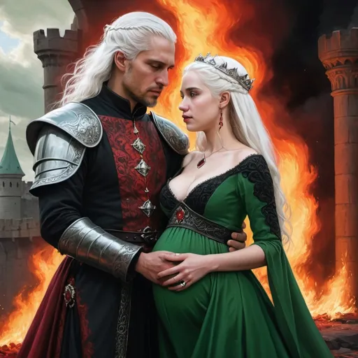 Prompt: realistic fantasy painting two Targaryens, a mildly pregnant princess woman with white hair, man with a semi-long white hair, wearing red-green and black detailed ornate medievel gowns, forbidden love, dramatic scenery, powerful lighting, fire and blood