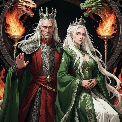 Prompt: tarot card Anime illustration, realistic, crowned King Aemond Targaryen and Queen Visenya Targaryen, wedding, white long hair, fierce, dangerous, detailed ornate cloth robe green-and-black, dramatic lighting, dragon ornaments, tall, handsome, dangerous, one eye, scarred face, wearing green cloth, Targaryens, Game of Thrones theme, fire, blood, dramatic, dragon, red