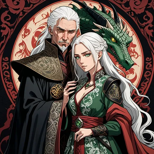 Prompt: tarot card Anime illustration, a white-haired woman, detailed ornate cloth robe red and black, dramatic lighting, dragon embrodery, with an arogant looking man, BIG SCAR, ONE EYE, Aemond Targaryen, black and GREEN medieval clothing, Game of Thrones theme