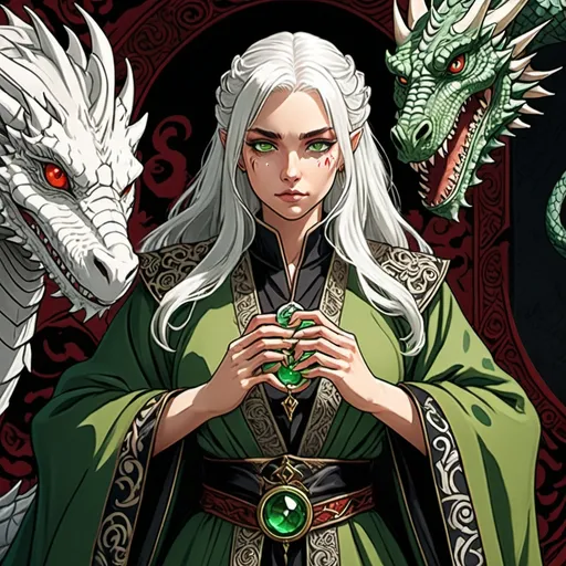 Prompt: tarot card Anime illustration, a white-haired woman, detailed ornate cloth robe red and black, dramatic lighting, dragon embrodery, with an arrogant looking man dressed in green, BIG SCAR, ONE EYE, Aemond Targaryen, black and GREEN medieval clothing, Game of Thrones theme