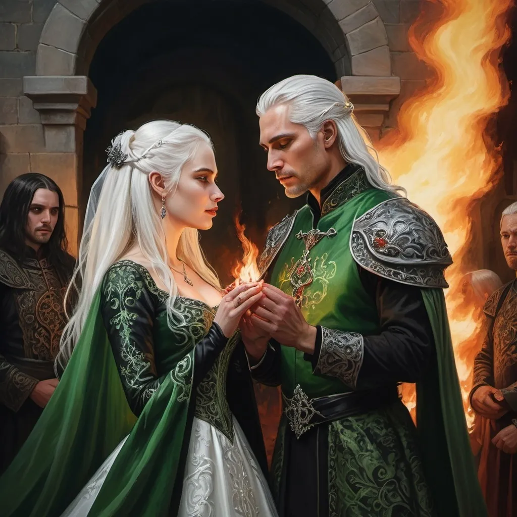 Prompt: realistic fantasy painting of a wedding ritual between two Targaryens, woman with white hair, man with a semi-long white hair, wearing green and black detailed ornate medievel gowns, fire and blood ritual, forbidden love, dramatic scenery, powerful lighting