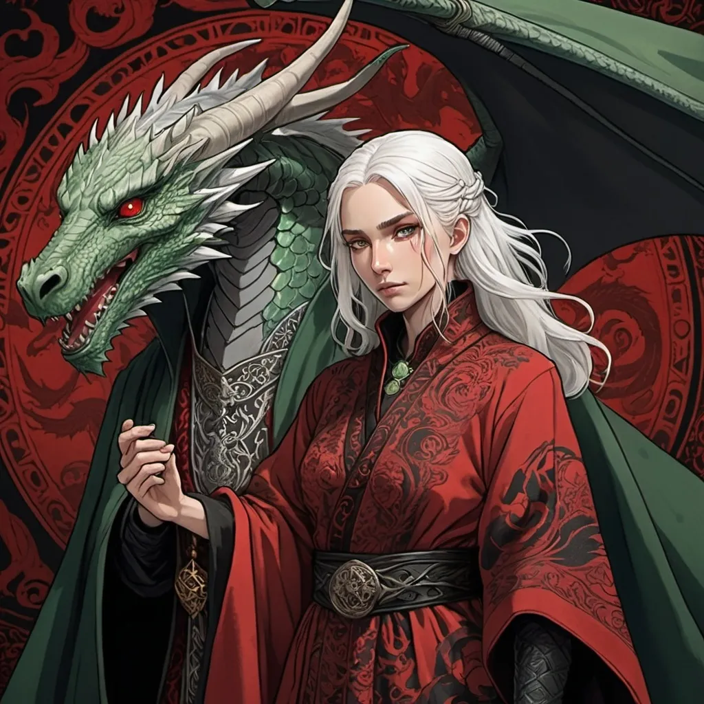 Prompt: tarot card Anime illustration, a white-haired woman, detailed ornate cloth robe red and black, dramatic lighting, dragon embrodery, with an arogant looking man, BIG SCAR, ONE EYE, Aemond Targaryen, black and GREEN medieval clothing, Game of Thrones theme