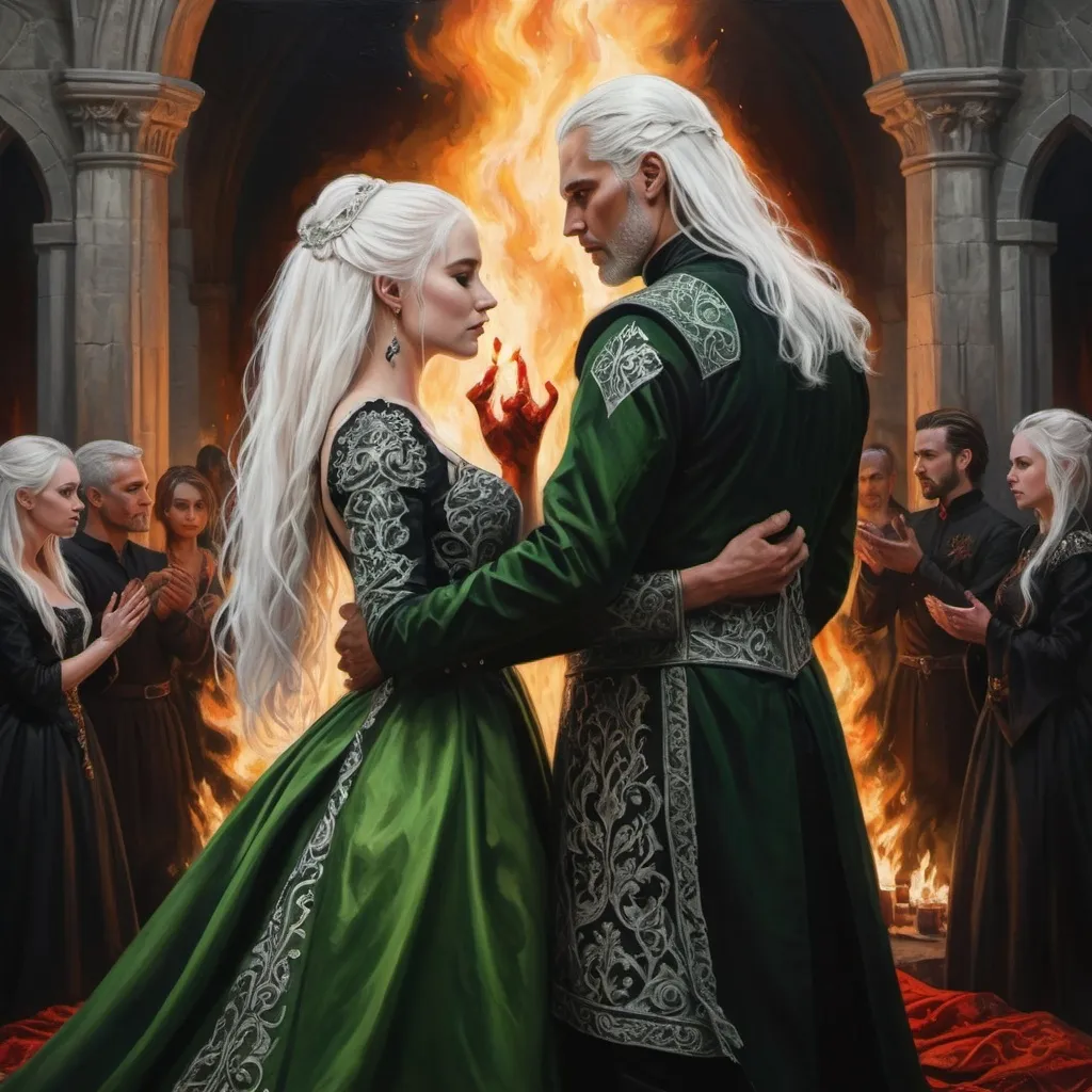 Prompt: realistic fantasy painting of a wedding ritual between two Targaryens, woman with white hair, man with a semi-long white hair, wearing green and black detailed ornate medievel gowns, fire and blood ritual, forbidden love, dramatic scenery, powerful lighting