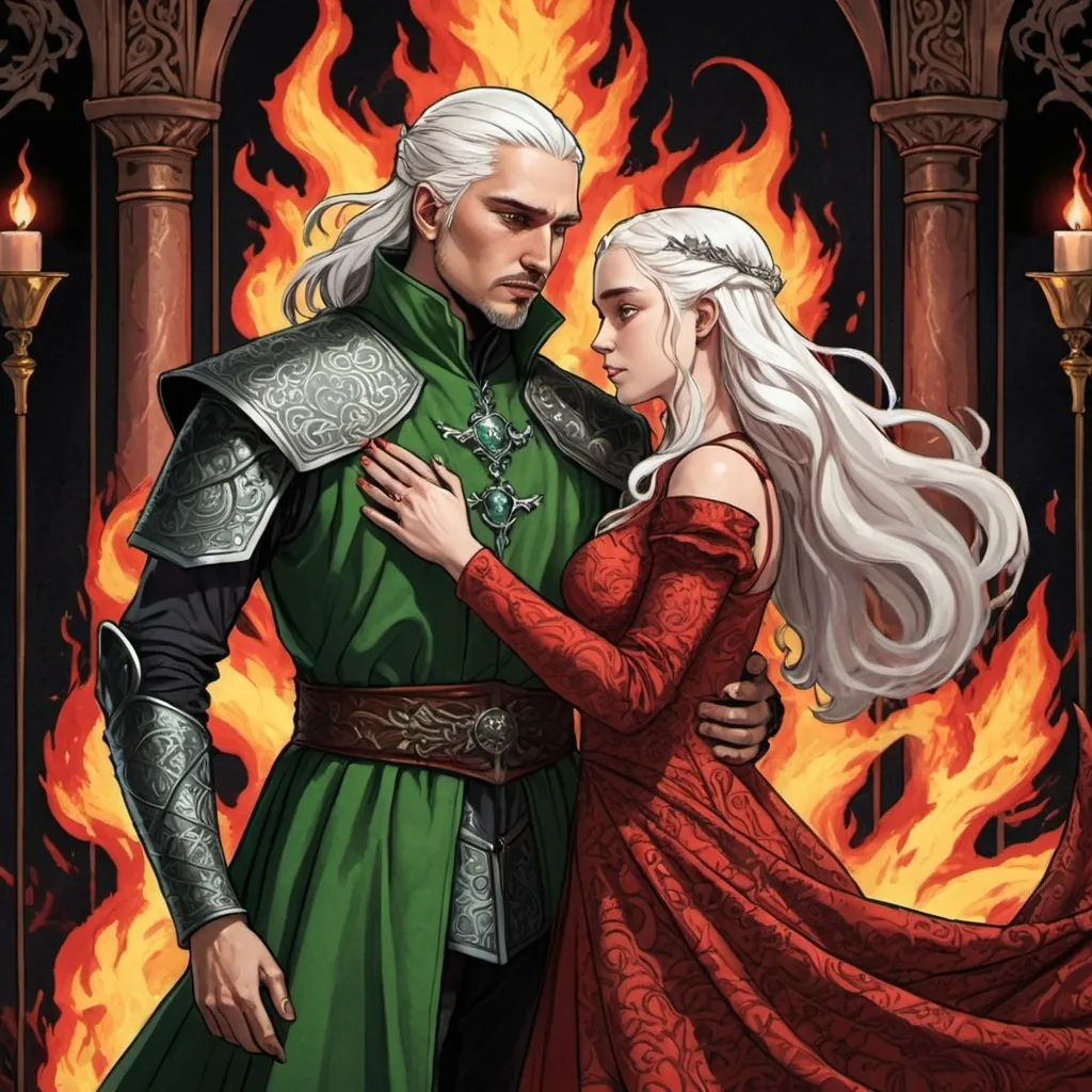 Prompt: tarot card Anime illustration, Aemond Targaryen and Visenya Targaryen, tarot style, wedding, dramatic lighting, man in green, woman in red and white ornate cloth gloth medieval, game of thrones style, love and hate, a lot of detail, fire, dragon