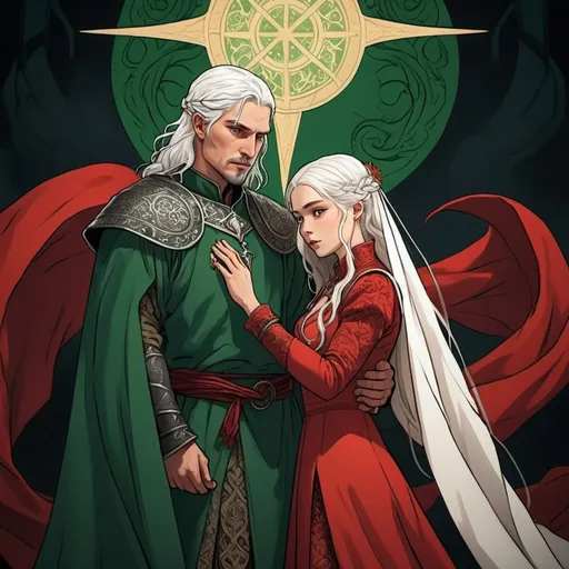 Prompt: tarot card Anime illustration, Aemond Targaryen and Visenya Targaryen, tarot style, wedding, dramatic lighting, man in green, woman in red and white ornamed cloth gloth medieval, game of thrones style, love and hate