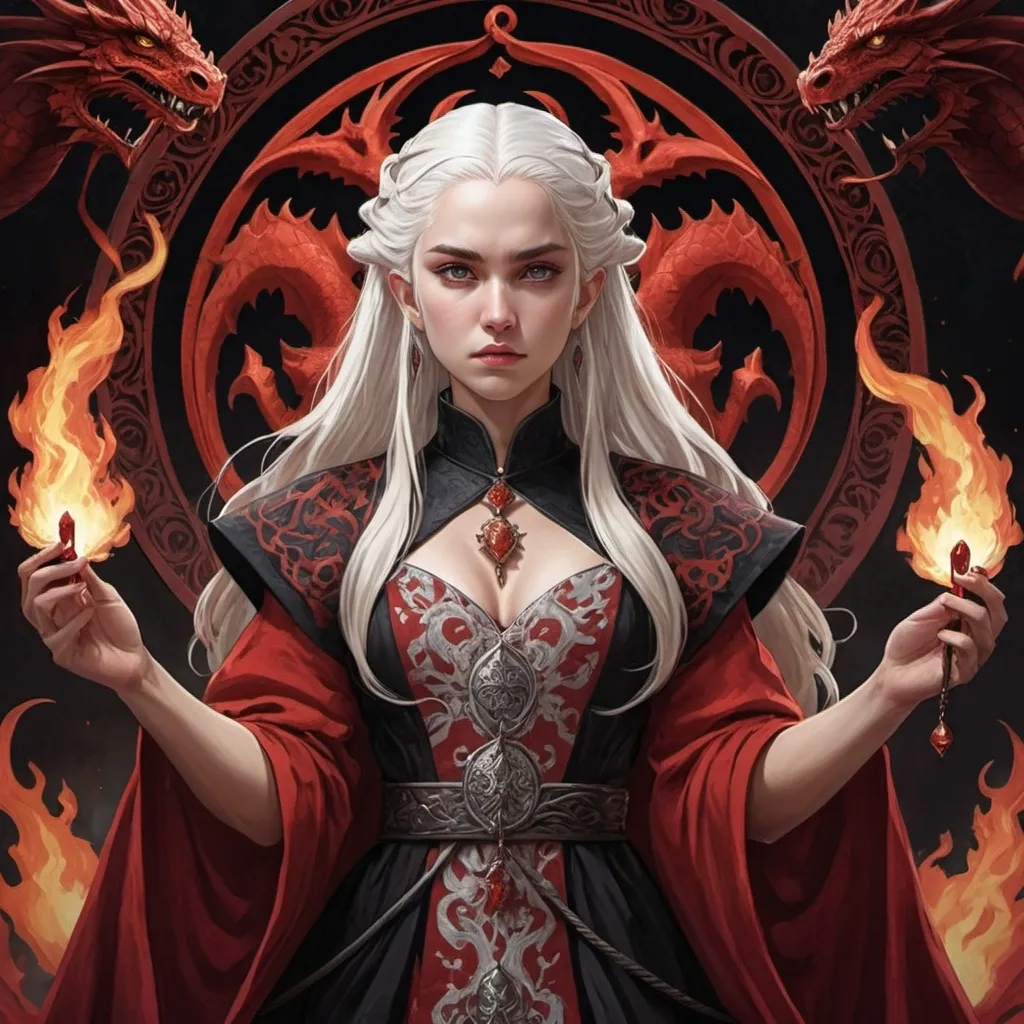 Prompt: tarot card Anime illustration, realistic, queen Visenya Targaryen, warrior, white ong hair, fierce, beautiful, detailed ornate cloth robe red-and-black, dramatic lighting, dragon ornaments, Targaryens, Game of Thrones theme, fire, blood, dramatic