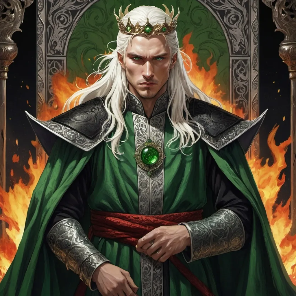 Prompt: tarot card Anime illustration, realistic, crowned King Aemond Targaryen, warrior, white semi-long hair, fierce, dangerous, detailed ornate cloth robe green-and-black, dramatic lighting, dragon ornaments, tall, handsome, dangerous, scarred face, wearing green cloth, Targaryens, Game of Thrones theme, fire, blood, dramatic