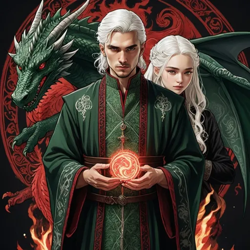 Prompt: tarot card Anime illustration, a white-haired woman, detailed ornate cloth robe red and black, dramatic lighting, dragon embroidery, with an arrogant looking young man, Aemond Targaryen, black and GREEN medieval clothing, Game of Thrones themem fire, wedding