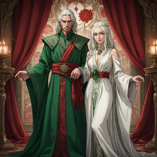 Prompt: tarot card Anime illustration, realistic, detailed ornate cloth robe, Targaryen royal wedding, Visenya and Aemond, red-green-white clothing, dramatic lighting