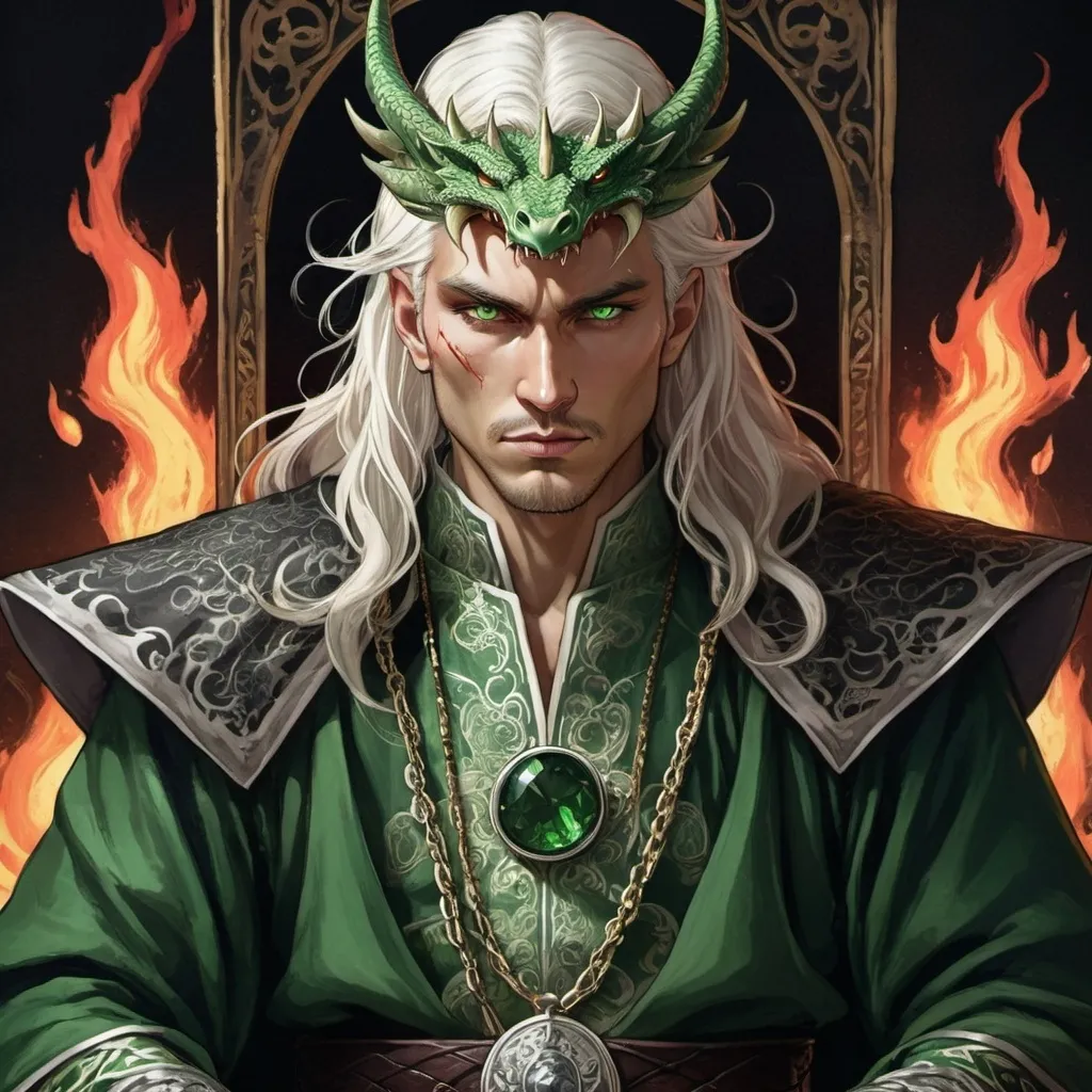 Prompt: tarot card Anime illustration, realistic, crowned King Aemond Targaryen, warrior, white semi-long hair, fierce, dangerous, detailed ornate cloth robe green-and-black, dramatic lighting, dragon ornaments, tall, handsome, dangerous, one eye, scarred face, wearing green cloth, Targaryens, Game of Thrones theme, fire, blood, dramatic, dragon