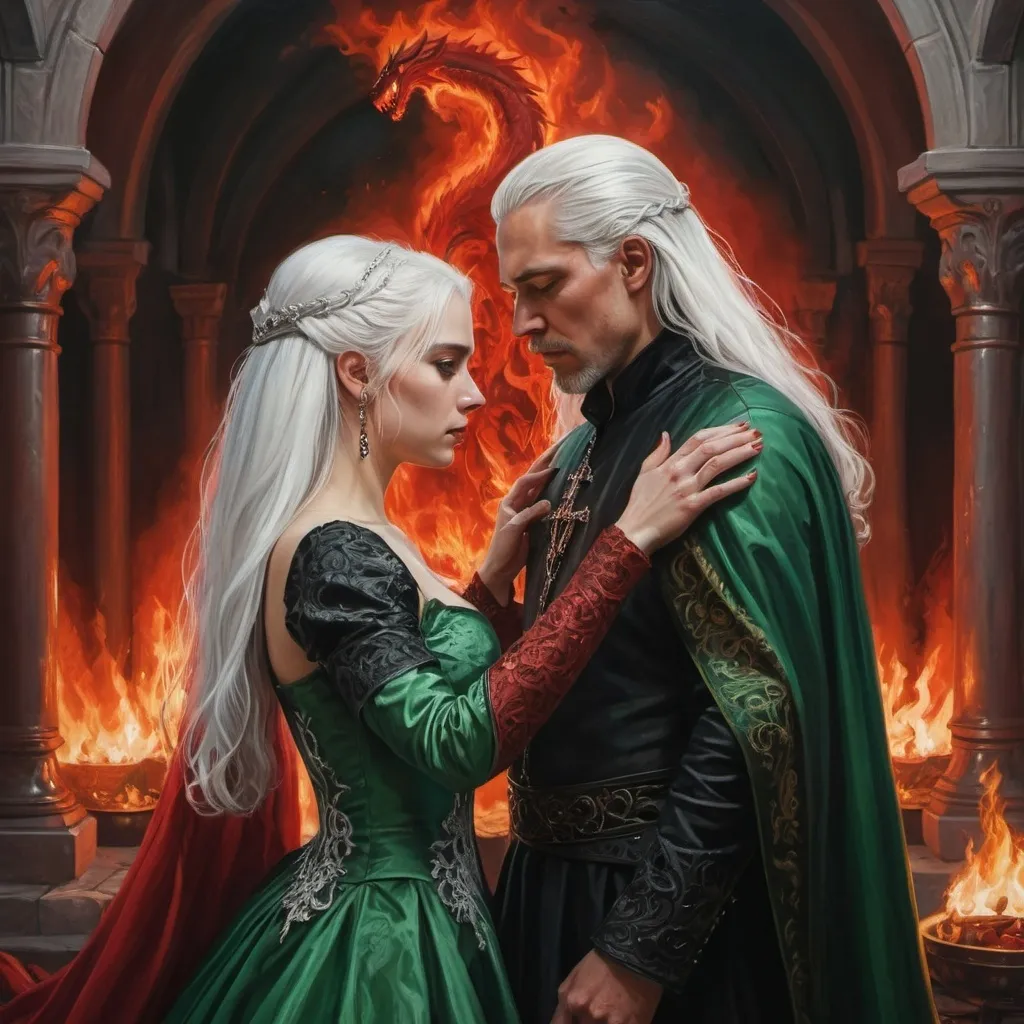 Prompt: realistic fantasy painting of a wedding ritual between two Targaryens, woman with white hair and red dress, man with a semi-long white hair, wearing green and black detailed ornate medievel gowns, fire and blood ritual, forbidden love, dramatic scenery, powerful lighting