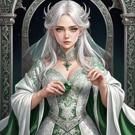 Prompt: tarot card Anime illustration, realistic, detailed ornate cloth robe, silver-haired princess, wedding gown, fierce, beautiful, white and green colour, her wedding outfit, royal, proud, dragon motive, game of thrones theme