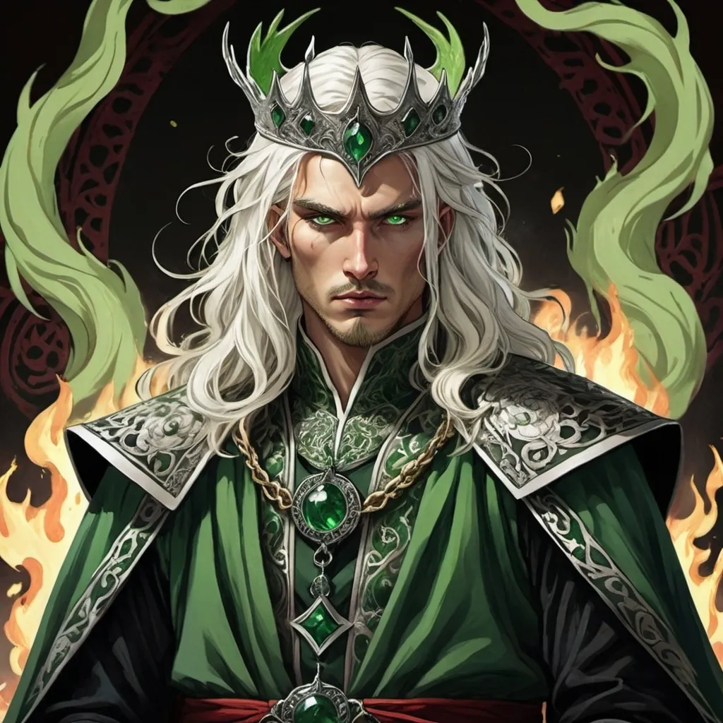 Prompt: tarot card Anime illustration, realistic, crowned King Aemond Targaryen, warrior, white semi-long hair, fierce, dangerous, detailed ornate cloth robe green-and-black, dramatic lighting, dragon ornaments, tall, handsome, dangerous, one eye, scarred face, wearing green cloth, Targaryens, Game of Thrones theme, fire, blood, dramatic