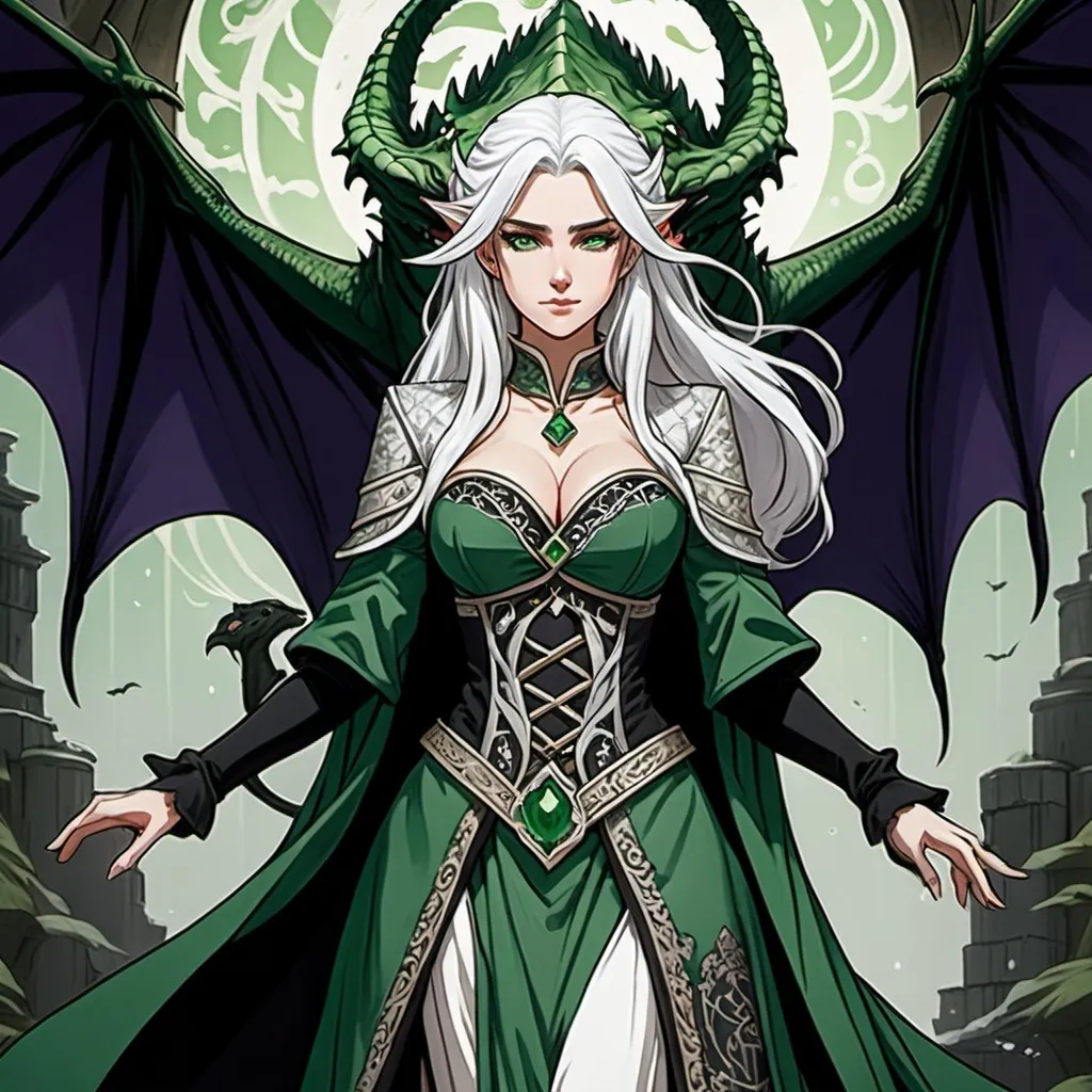 Prompt: tarot card Anime illustration, a white-haired myn, detailed ornate cloth robe green and black, dramatic lighting, dragon embrodery, with an arrogant looking face dressed in green, BIG SCAR, ONE EYE, Aemond Targaryen, black and GREEN medieval clothing, Game of Thrones theme, with a woman his bride-to-be, dressed in red, white hair, purple eyes, Visenya