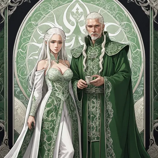 Prompt: tarot card Anime illustration, realistic, detailed ornate cloth robe, royal wedding, detail, less anime, two people, white and green colour, game of thrones themed, white longer hair, targaryen, fierce