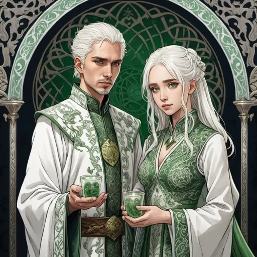 Prompt: tarot card Anime illustration, realistic, detailed ornate cloth robe, royal wedding, detail, less anime, two people, white and green colour, game of thrones themed, white hair, targaryens