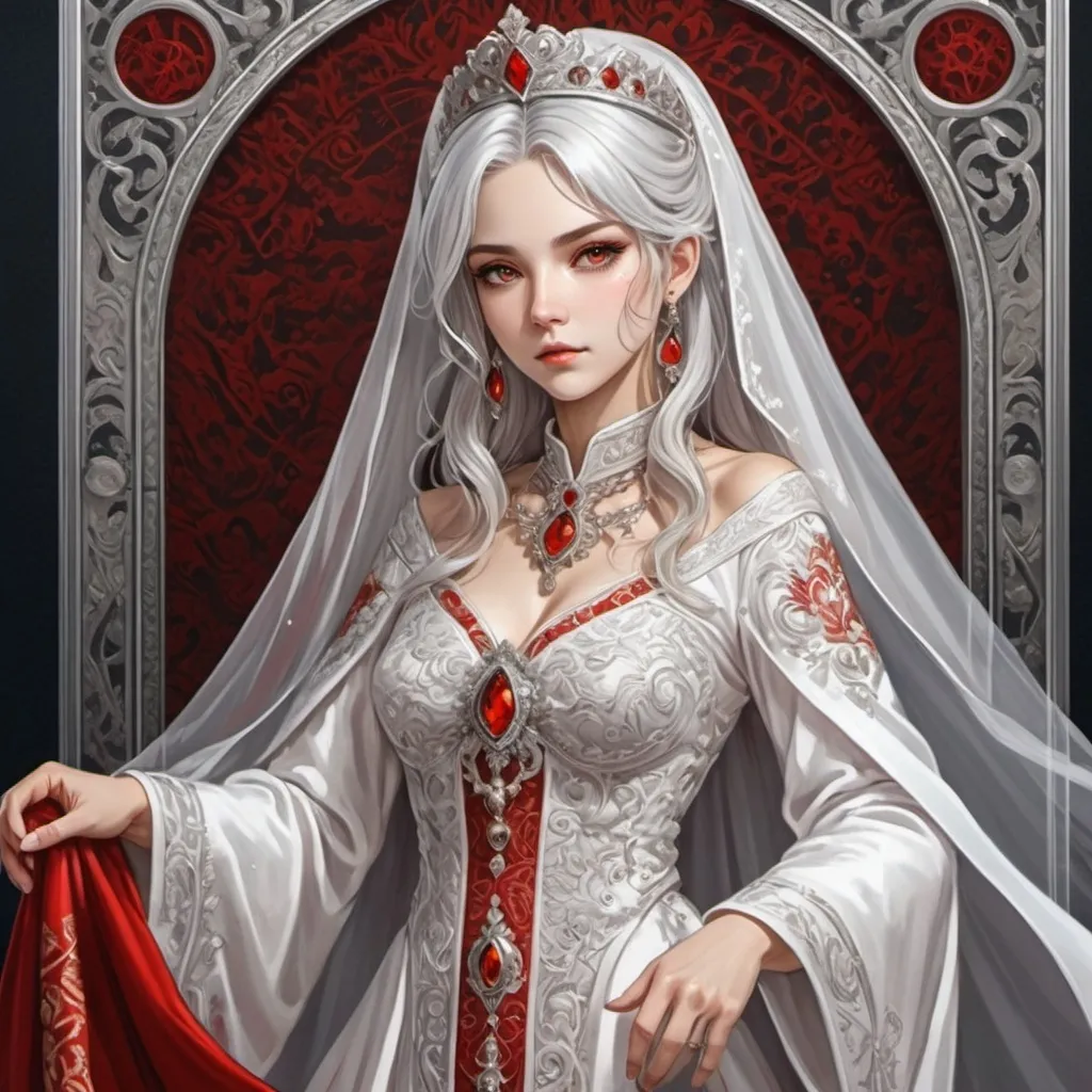 Prompt: tarot card Anime illustration, realistic, detailed ornate cloth robe, silver-haired princess, wedding gown, fierce, beautiful, white and red colour, her wedding outfit, royal