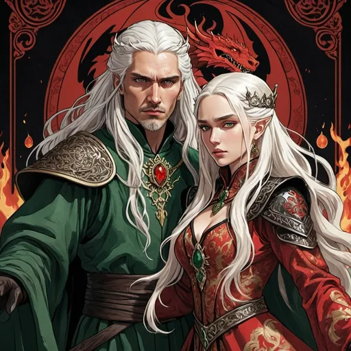 Prompt: tarot card Anime illustration, realistic, crowned queen Visenya Targaryen  and King Aemond Targaryen, warrior, white long hair, fierce, beautiful, detailed ornate cloth robe red-and-black, dramatic lighting, dragon ornaments, tall, handsome, dangerous, scarred face, wearing green cloth, Targaryens, Game of Thrones theme, fire, blood, dramatic